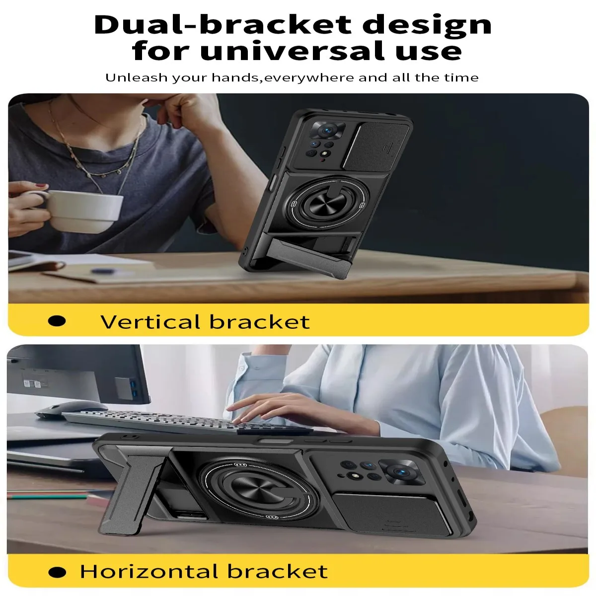 Armor Shockproof Phone Case with Sliding Camera Cap and Built-in Magnet Ring Kickstand