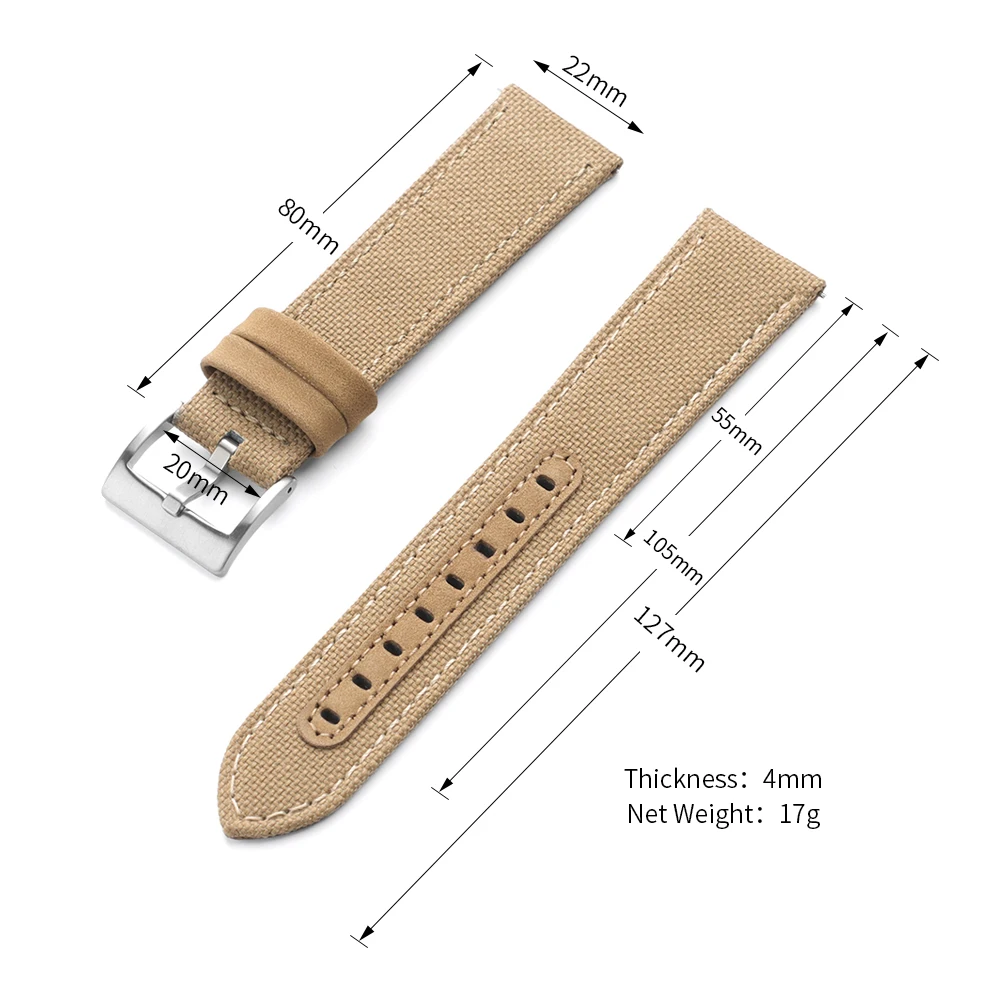 High-Quality Canvas Leather Watch Strap – 20mm/22mm Quick Release Nylon Leather Band