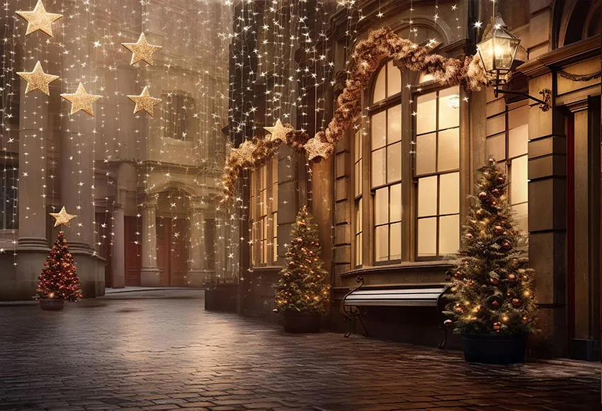 Mehofond-natal City Street Backdrop Neve do Inverno Golden Star Lights Retrato da Casa ao ar Livre Foto de Fundo para Crianças - Image 6