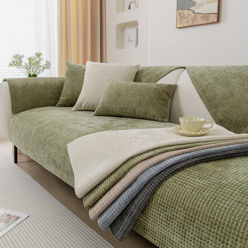 

Universal Waffle Sofa Cover Chenille Sofa Cushion For living Room Modern Solid Colour Non-Slip Sofa Backrest Armrest Full Cover