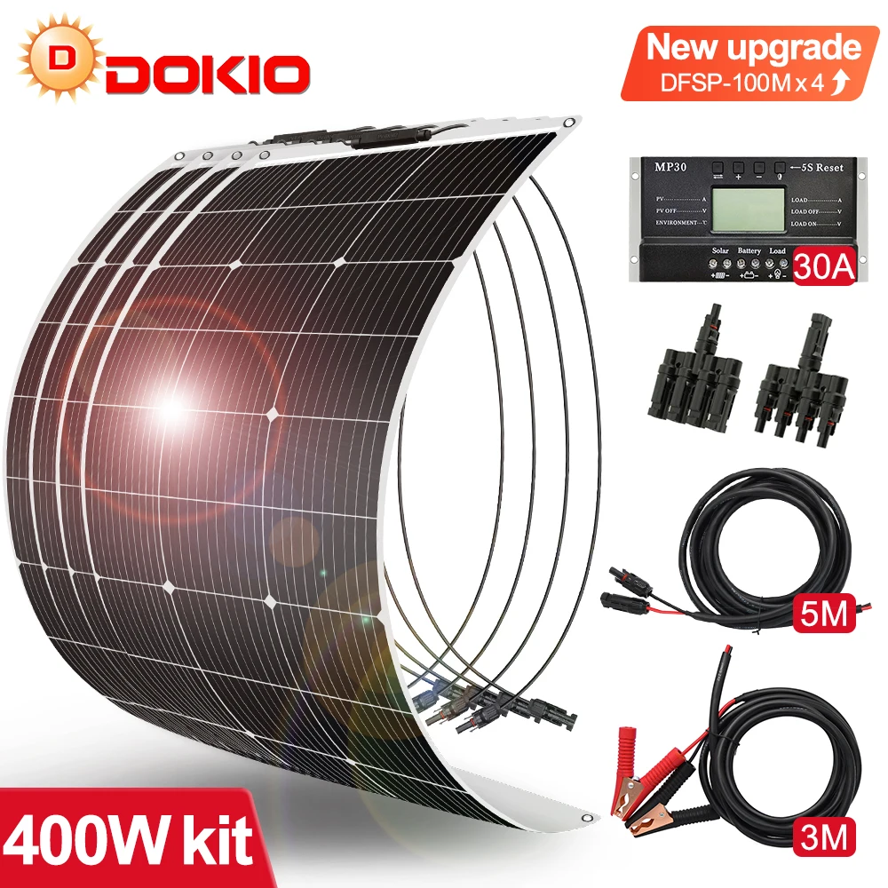 DOKIO 18 v100w 200W 400W set di pannelli solari flessibili per auto/casa/campeggio impermeabile monocristallino solare cina carica batteria 12V