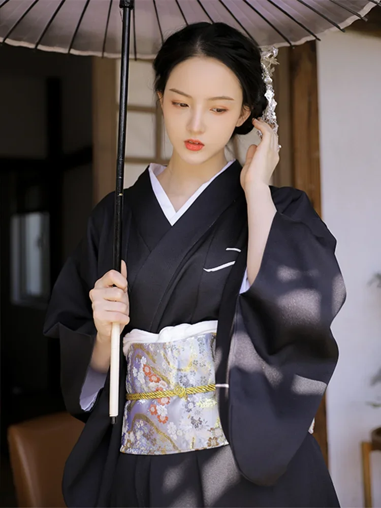 Vintage Style Women's Long Dress Traditional Japan Kimono Black Color Yukata Bathrobe Cosplay Clothing Photography Dress