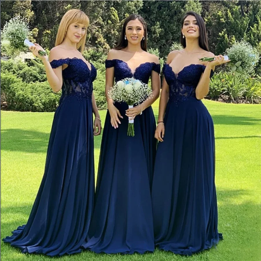 Vestidos de dama de honor azul oscuro, vestidos de gasa para Top Sexy de de tul transparente con hombros descubiertos, bata fiesta de boda para mujer - AliExpress