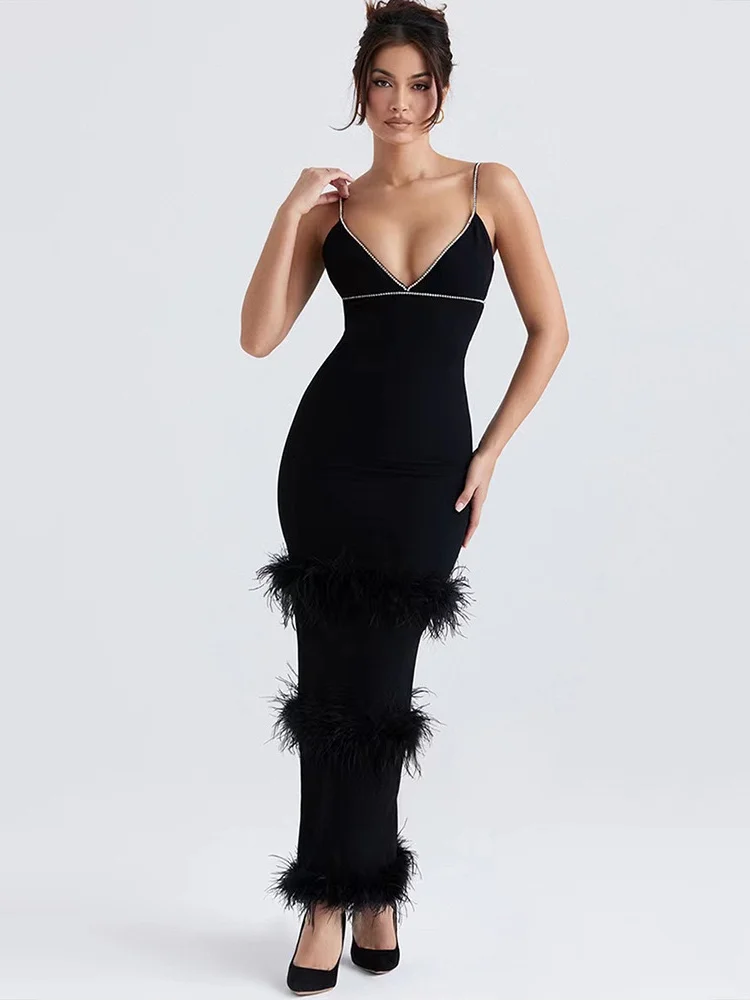 

Women Celebrity Sexy V Neck Crystal Diamond Feather Black Long Bandage Dress Elegant Evening Trumpet Party Maxi Dress