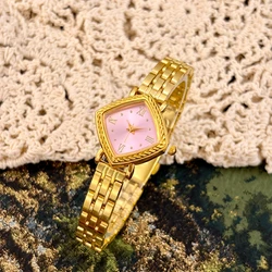 Elegant Gold Mid - Century Retro Watch with Diamond Dial and Brushed Stainless Steel Band (Golden pink)
