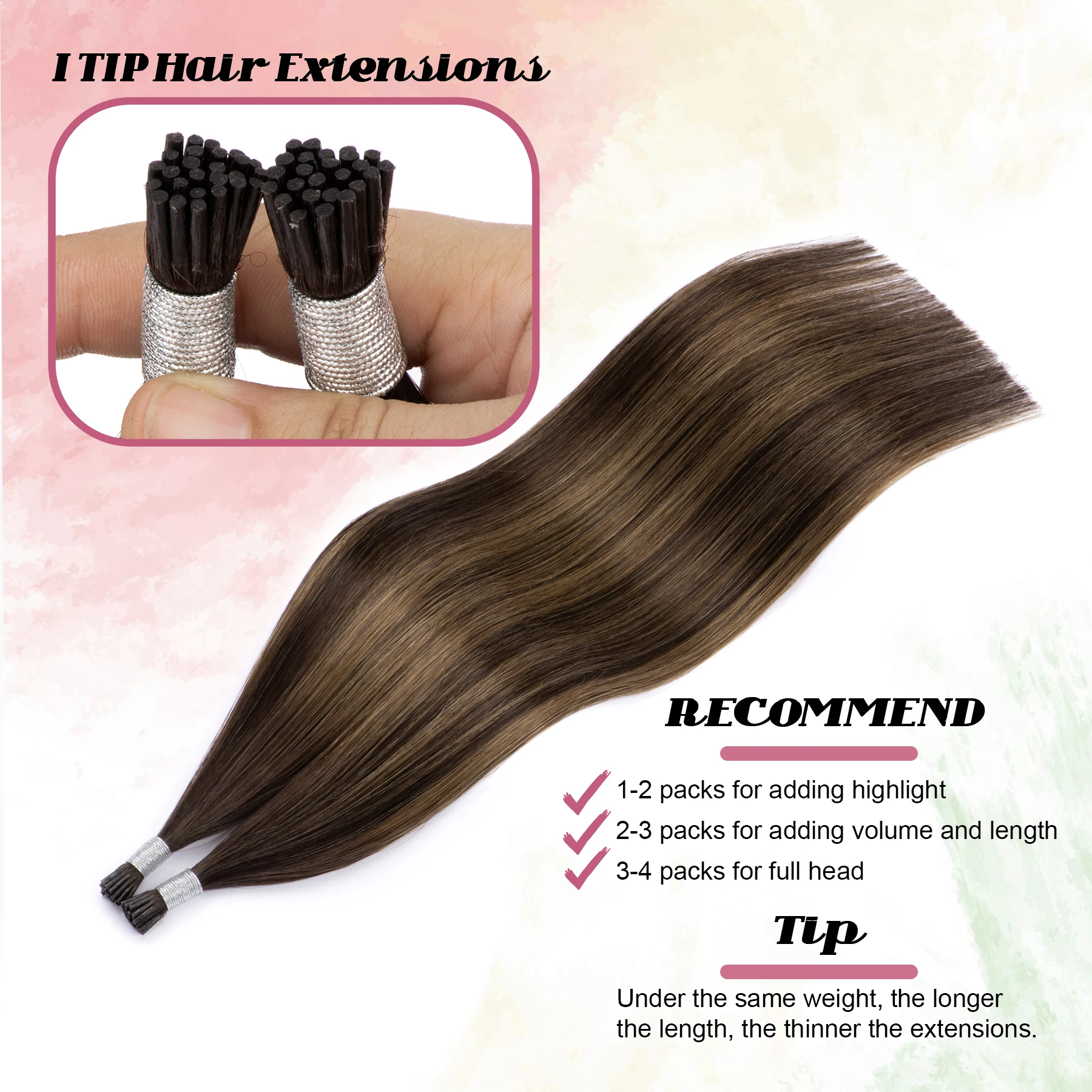 Highlight I Tips Hair Extensions Real Human Hair Ombre Color #2/8/2 Brown Human Extension I Tip Extensions