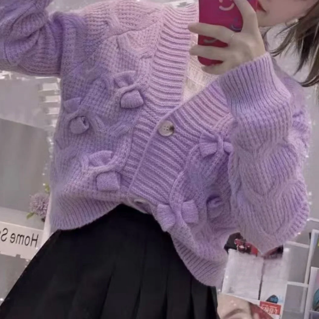 Elegant Winter Coat New In Korean Style Women's Clothing Sweet Bow Knitwear Long Sleeve Top Sweater Cardigan Casual Outerwears