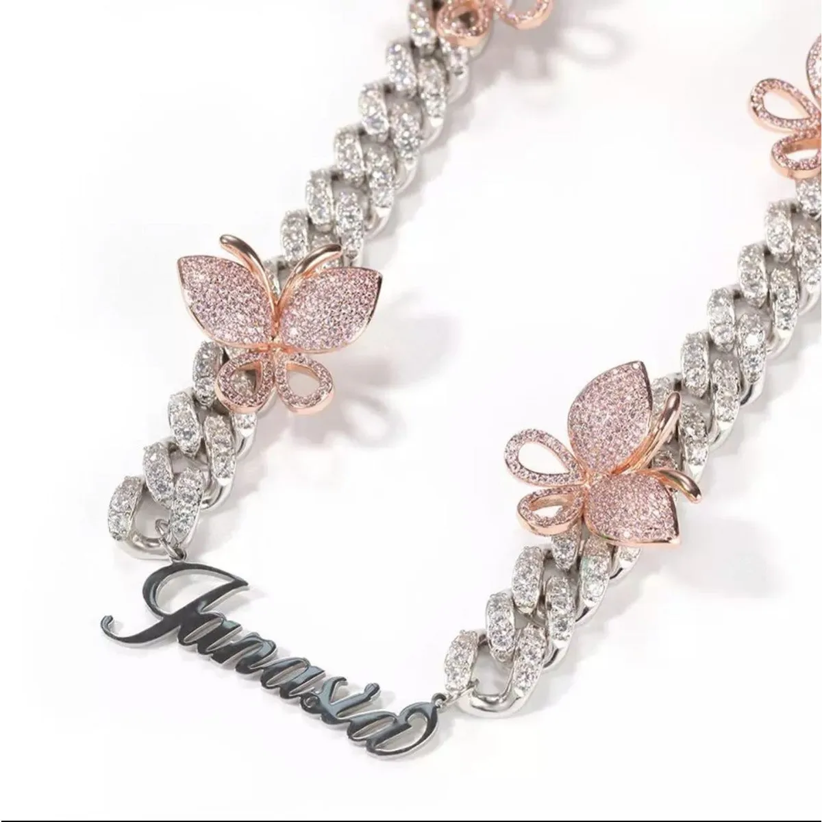 DUOYING Butterfly Nameplate Necklace Custom Name Necklaces Script Letter Pendant Necklace With 12mm Cuban Chain Jewelry Gift