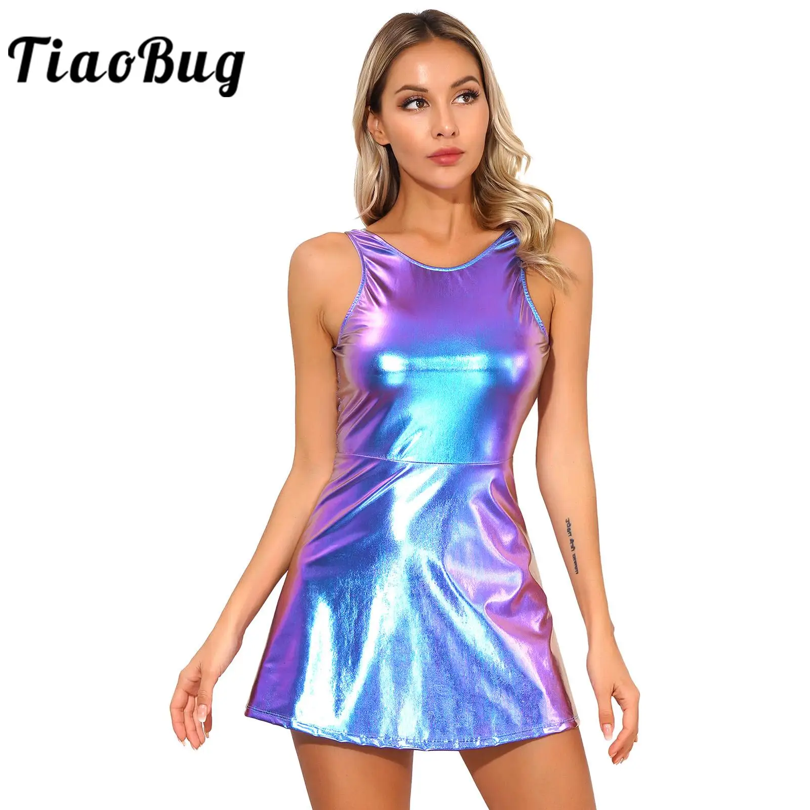 

Womens Evening Party Shiny Metallic Disco Mini Dresses Sleeveless Lac-Up Backless A-Line Dress for Nightclub Clubbing Dresses