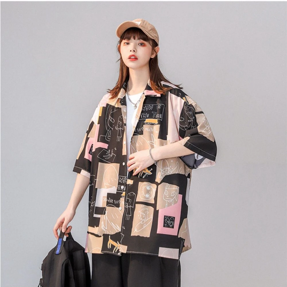 

Women Summer Fashion Cartoon Print Blouses Tops Lady Cute Casual Short Sleeve Button Up T-Shirt Korean Japanese Trendy Dropship