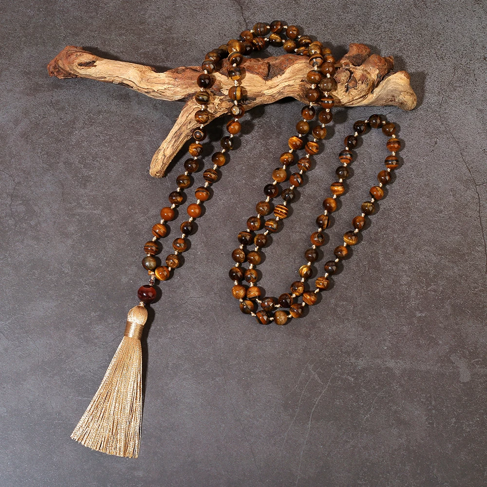 8mm Natürliche Gelbe Tigerauge-Perlenkette 108 Mala-Halskette Meditations-Gebetskette Japamala-Schmuck für Männer und Frauen