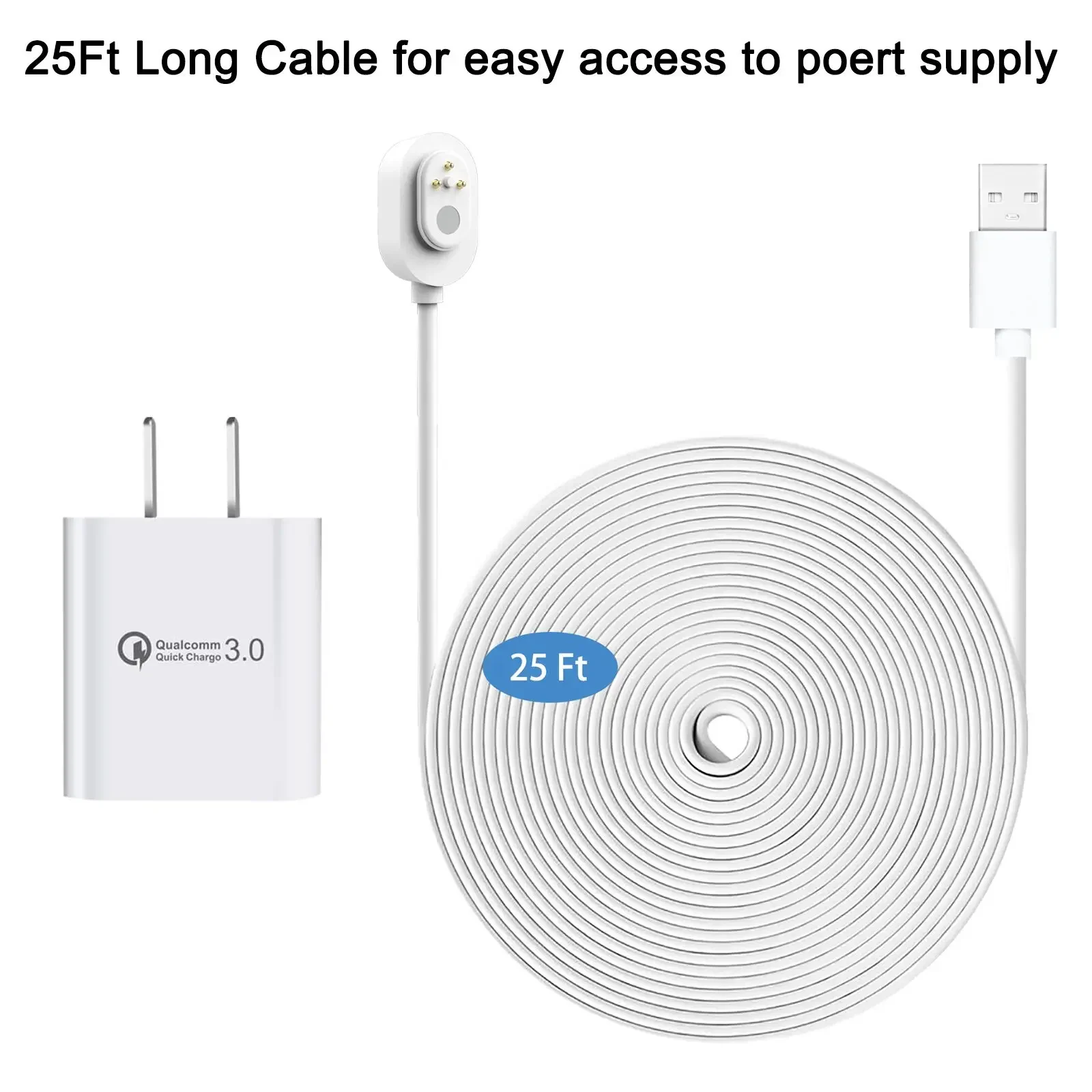 White 7.6m Weatherproof Charging Cable for Arlo Ultra/Ultra 2/Pro 3/Pro 4/Go 2/PRO 5S with USB Port Fast Charger