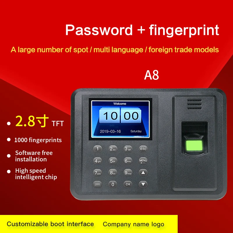 2.8Inch TFT Screen Free Drive Biometric Fingerprint Time Attendance Machine Clock Recorder Employee Recognition Recording Device