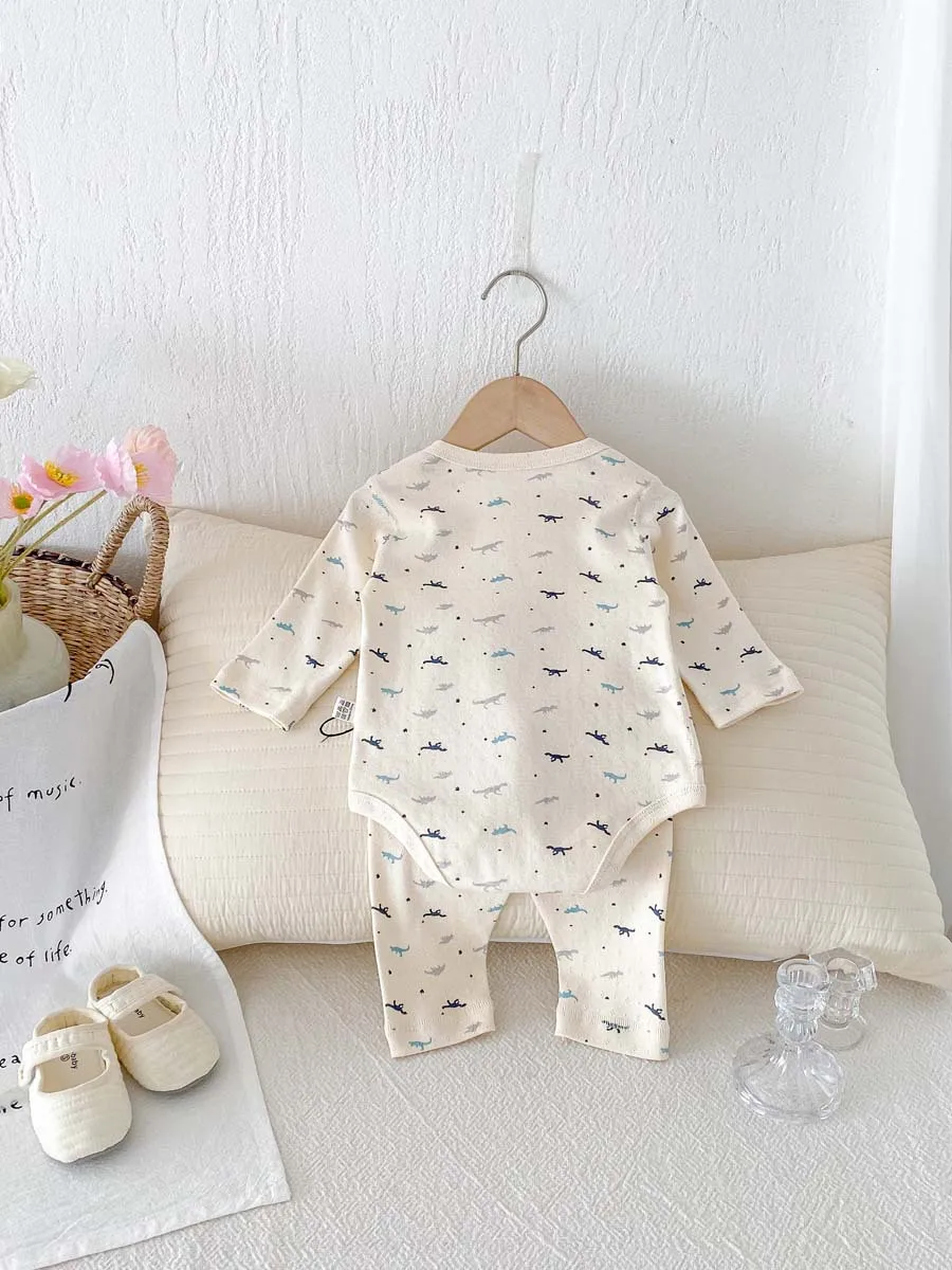 Description Picture 5 of item2025 autumn winter new in kids baby girls boys casual pure cotton clothing , toddler infant dinosaur print bodysuits pants