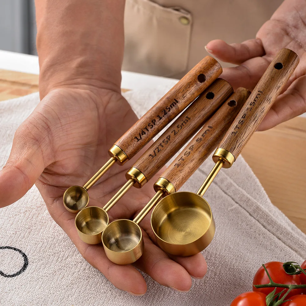 Measuring Spoon Set Wooden Handle Stainless Steel Measuring Cups Spoons kitchen measuring spoons measuring spoon set measuring cup and spoon set Baking Tools Coffee Bartending Scale Kitchen Accessories