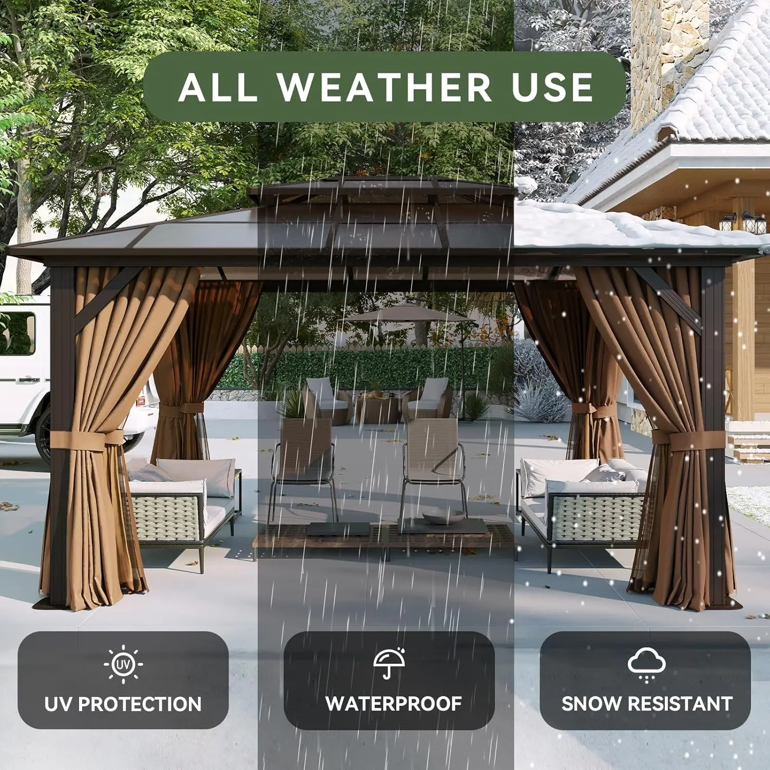 12'x14' Hardtop Gazebo, Aluminum Frame Permanent Pavilion with Curtains and Netting, Designed for Garden, Brown 5