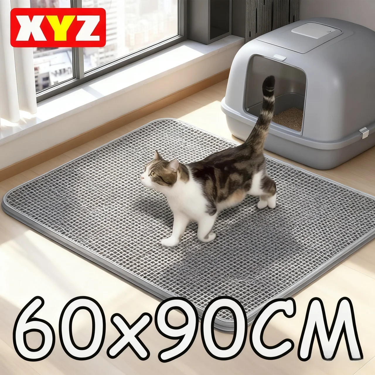 Tapete de areia para gatos, 90cm x 60cm, à prova d'água, camada dupla, caixa de areia para animais de estimação, tapete antiderrapante, areia, lavável, limpo para animais de estimação