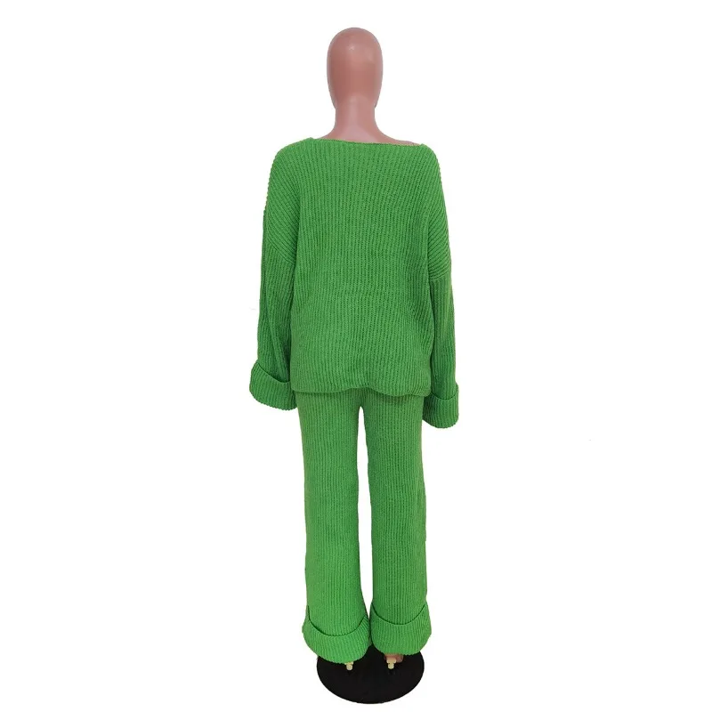 Casual Loose Knitted Two Pieces Set for Women 2023 Autumn Winter Solid Color V-neck Sweater Wide Leg Pants Outfits S-3XL