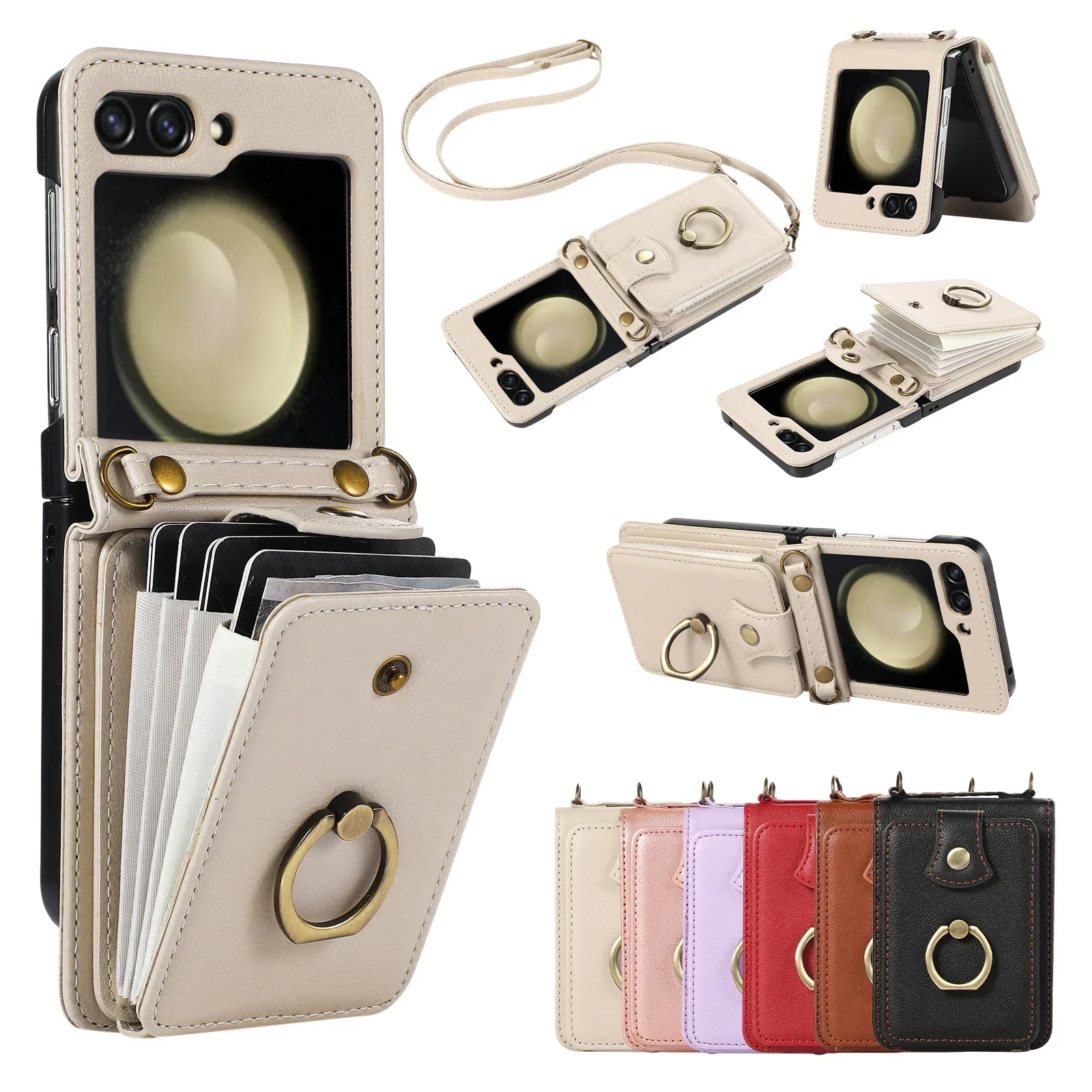 Crossbody Leather Wallet Bag with Finger Ring Holder and Lanyard Pocket Cover