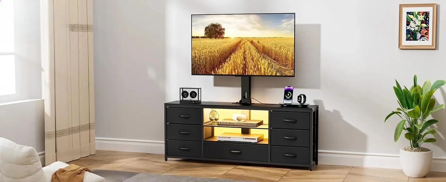 TV Stand with Mount and 7 Fabric Drawers for Living Room Bedroom