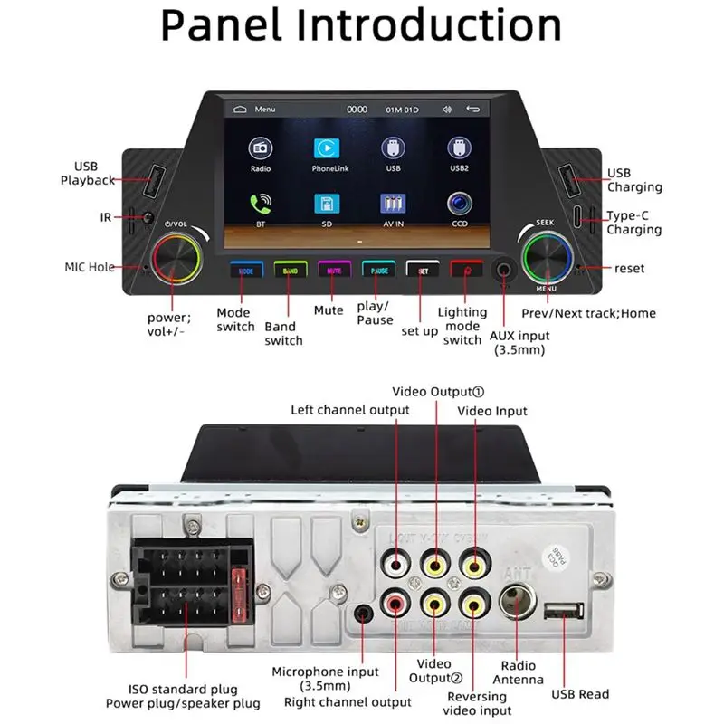 A95E-1 Din 4.7인치 차량용 라디오 무선 카플레이 안드로이드 오토 미러링크 RGB BT USB 타입-C 충전 FM 스테레오 후방 카메라