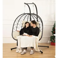 Double Egg Chair wth Stand Hammock Swing Chair Foldable Hanging Loveseat, UV Resistant Removable Cushions, 700LBS Capacity 1