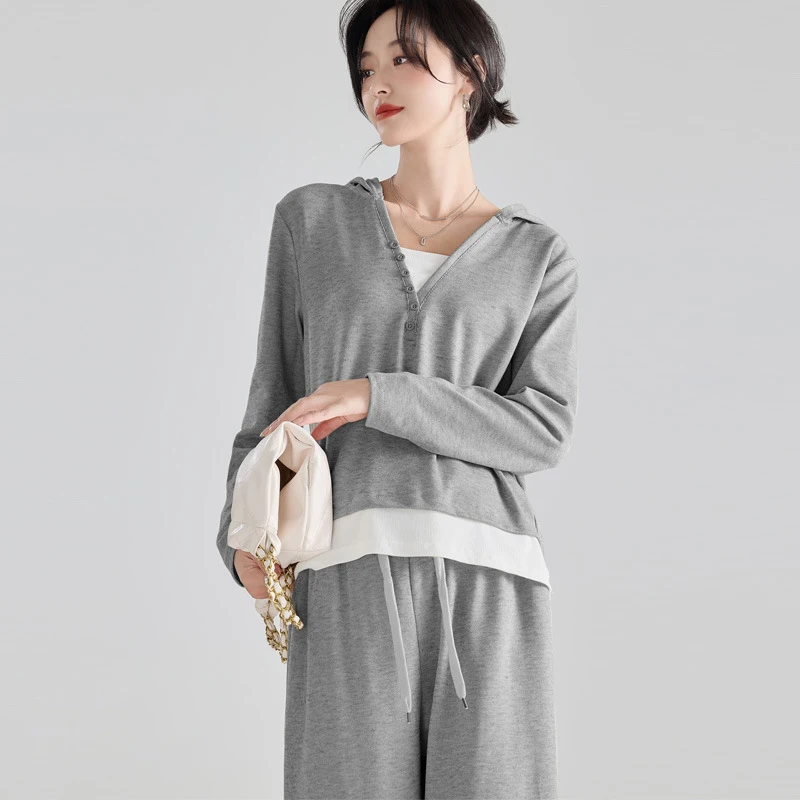 Maternity Wear Fall Winter Clothes Set Korean Fake Two Piece Tops + Wide-leg Pants 2Pcs Sport Suit Pregnant Clothes