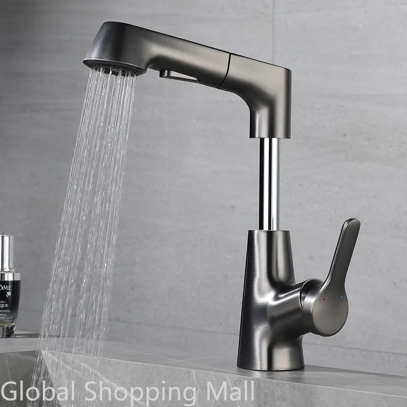 Pull Out Lift Kitchen Faucet 360° Rotatable Splashproof Basin Faucet Stainless Steel Kitchen Sink Faucet with Pull Down Sprayer