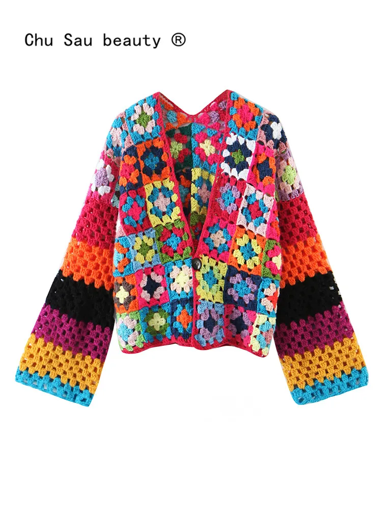 

Boho Autumn Handmade Crochet Stitching Knitted Cardigan Women 2022 New Ethnic Style Vintage Loose Short Sweater Female Coat