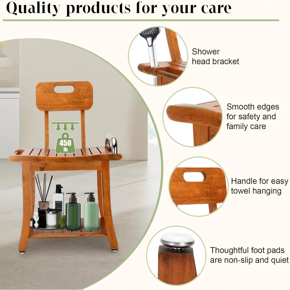 Teak Shower Bench Seat Chair with Shelf | 18.7" Solid Wood Shower Stool Waterproof Shower Seat with Storage for Inside Shower 2