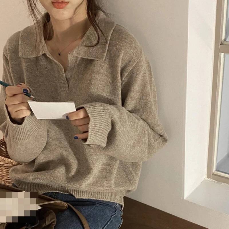 레트로 한국 스타일 느슨한 V-neck 스웨터 여성 가을과 겨울 새로운 디자인 슬리밍 긴 소매 니트 겉옷 탑