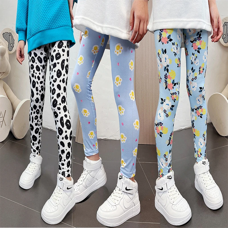 

Spring/Summer Children's Milk Silk Pants Elastic Slim Fit Pants for Girls Aged 3-11, Printed Bottom Pants, Thin Style