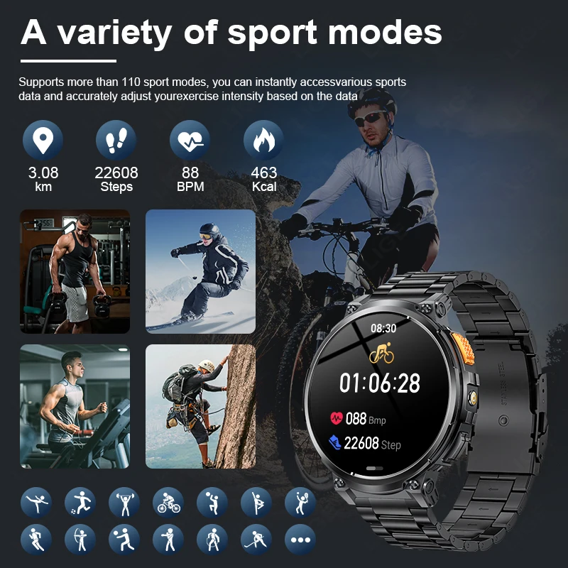 LIGE 1.85"HD Screen Outdoor Sport Smartwatch Men Heart Rate Flashlight Watch 730mAh Battery Waterproof Wireless Call Smart Watch 3