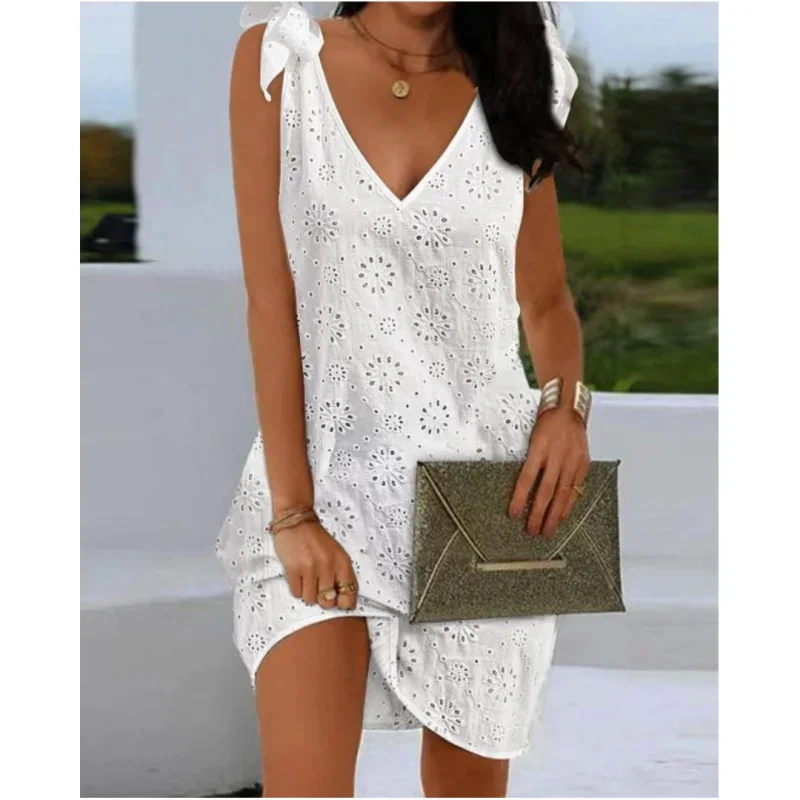 Elegant Dresses V-Neck Eyelet Embroidery Tied Detail Sleeveless Mini Straight Dress Vacation Fashion Summer Dress 5