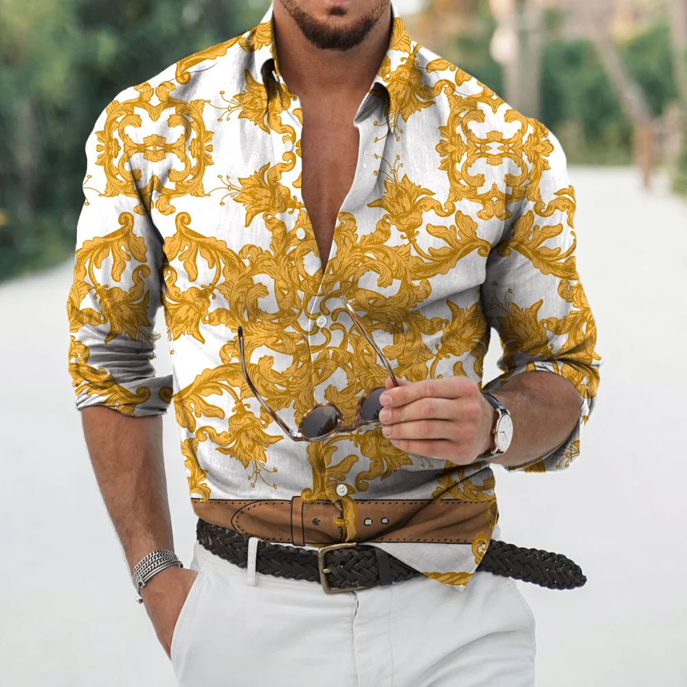 thumbnail image 1 of Camisa de manga larga informal con cuello vuelto y estampado de estilo lujoso para hombre, ropa de calle de moda, tops de tendencia, ropa para hombre, 1 of 5