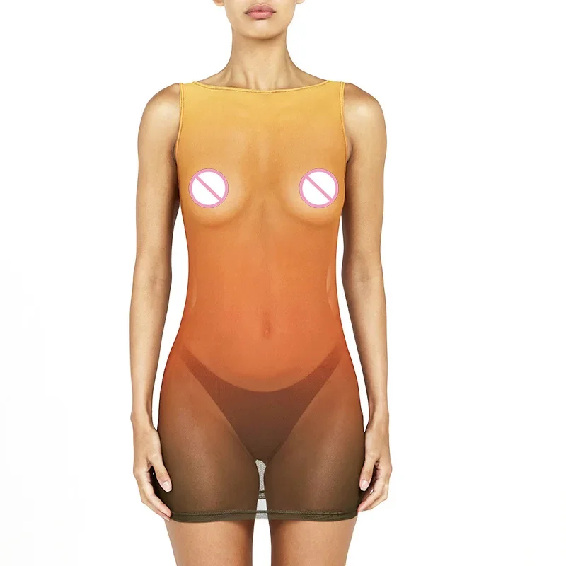 Vestido informal de malla con empalme ligeramente transparente para mujer, ropa de calle sexy, a la moda, con degradado de color, cuello redondo, sin mangas, vestido de verano