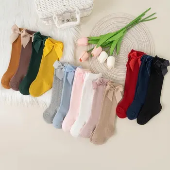 새로운 브랜드 유아 양말, 가을 용수철, 여아 무릎 높이, 긴 양말, 면, 큰 활, 스페인 스타일, 어린이 바닥 양말