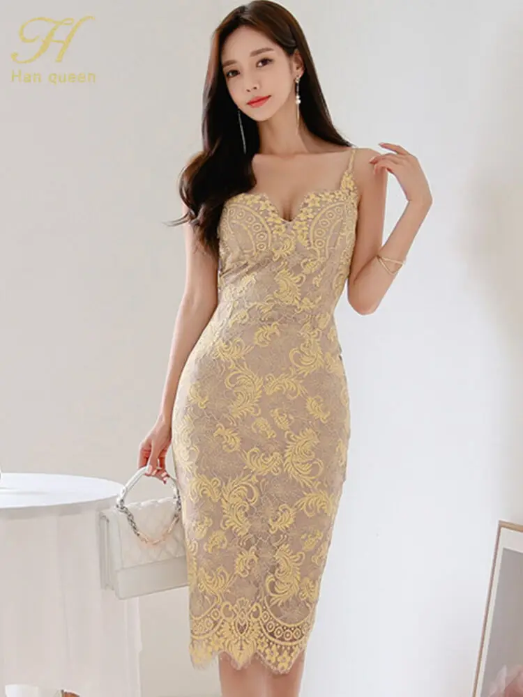 

H Han Queen Halter Strapless Summer OL Lace Pencil Dress New Fashion Sexy V Collar Sleeveless Vintage Club Party Dresses