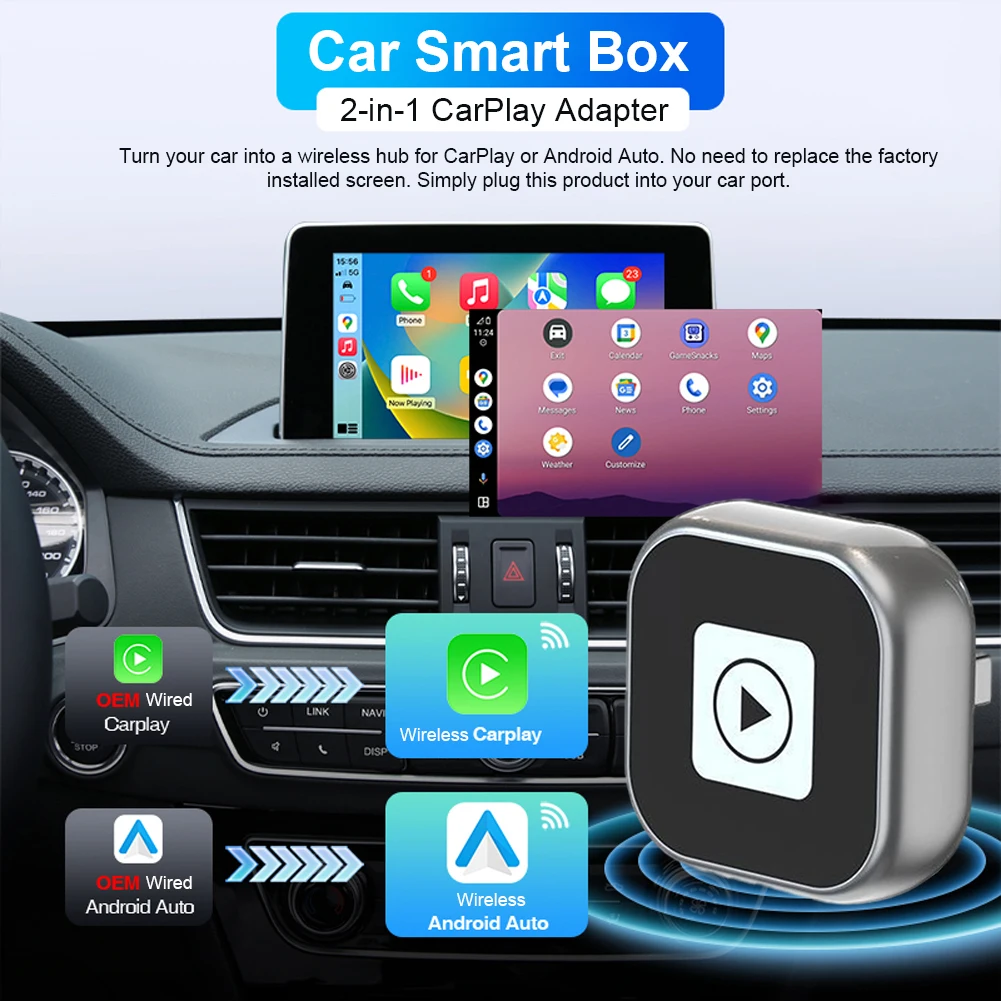 Wireless Android Auto Carplay Box/Adapter Mini Carplay&Auto Box Dongle Auto Connect Smart Box Plug & Play for Factory Wired Cars