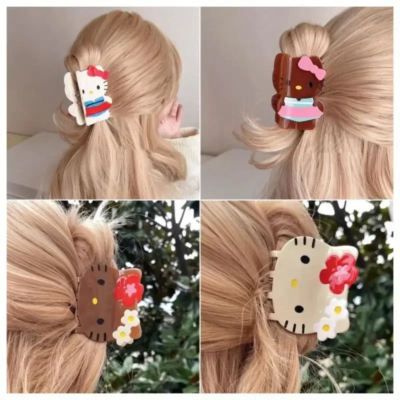 

Kawaii Sanrio Y2K Аниме Черная Кожа Hello котенок, зажим для волос Мультфильм милая девушка большой зажим для волос булочка шпилька для волос аксессуары для волос подарок