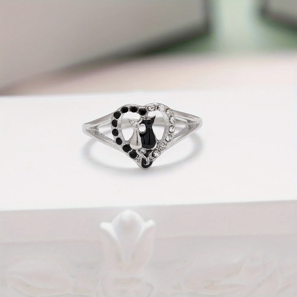 Heart-Shaped Cat Ring in Plated White K-Gift for Cat Lovers on Birthdays Anniversary Party Gifts, Jewelry, wedding rings signet ring round rings cross rings temperature rings silver ring womens ring fidget rings couple rings cubic zircon ring turkish rings finger rings jewelry rings ring jewelry anime rings moissanite ring survival ring