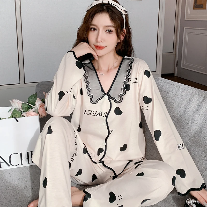 

Women's Pajama Set Autumn Winter Lace Cotton Sleepwear Women Pijamas Set Long Sleeve Sweet Leisure Lady Trousers Outwear Clothes