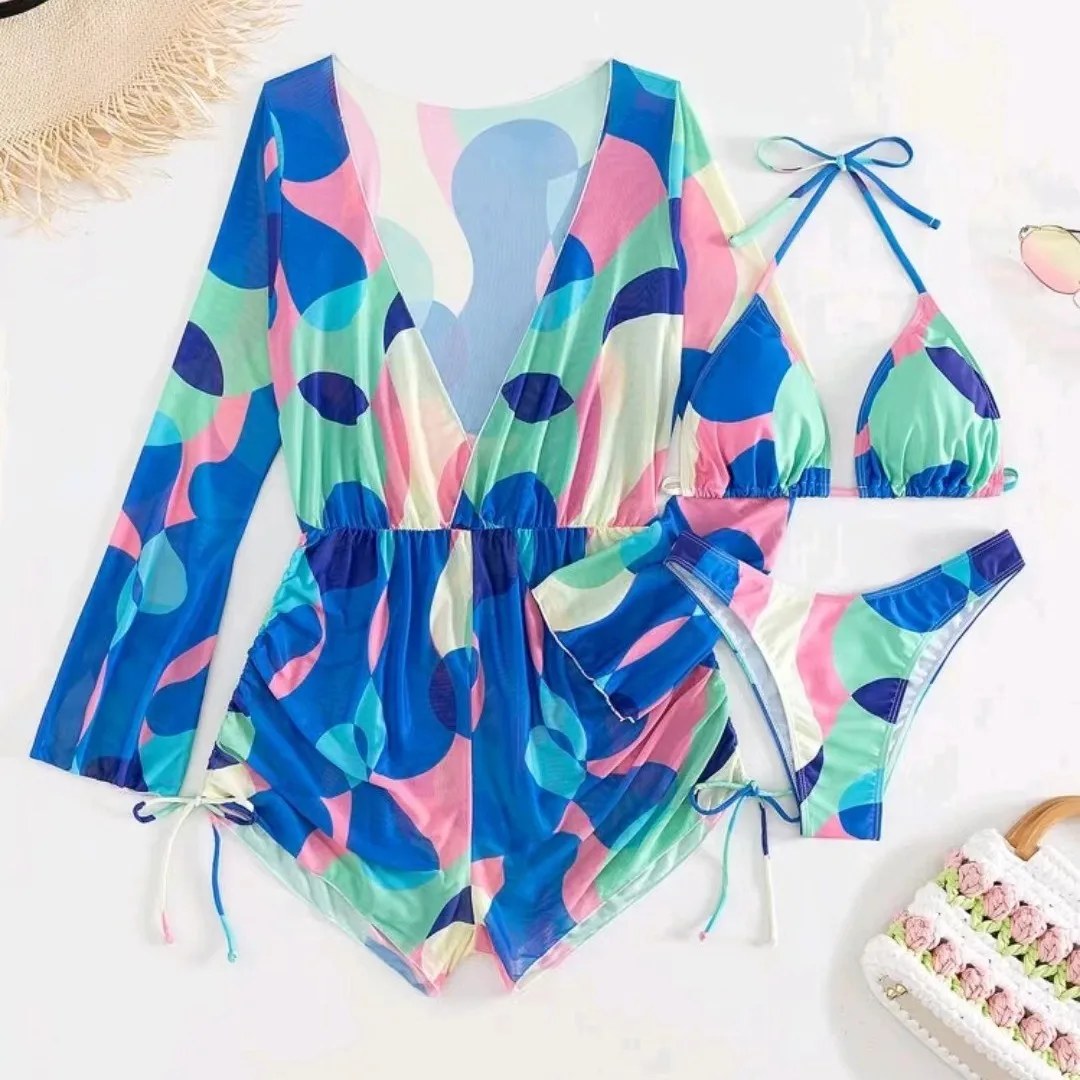 

2024 New Swimsuit 3 Pcs Set Thong Bikini with Rompers Womens Jumpsuit Beach Wear Print Swimwear Sexy Bathing Suit Pool Beachwear