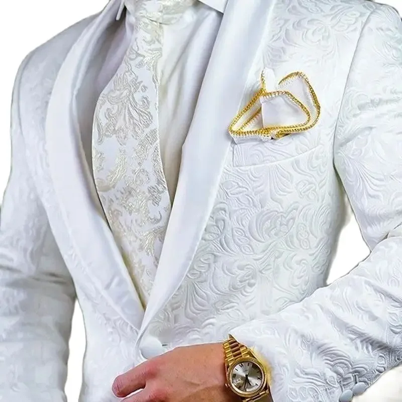 2024 Tailored Made White Jacquard Suit For Men Groom Tuxedo Terno Slim Fit 2 Piece Best Man Blazer Prom Wedding Suits With Pants