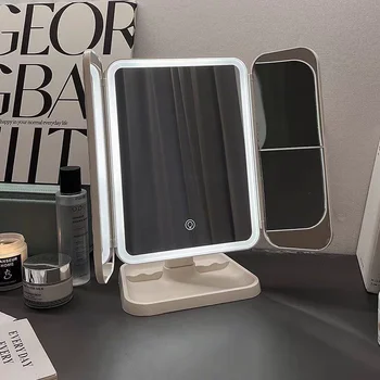 3 Lights Dimmable LED Makeup Mirror with Touch Screen Fold Cosmetic Makeup Mirror Rechargeable Tabletop for Travel & Home Use