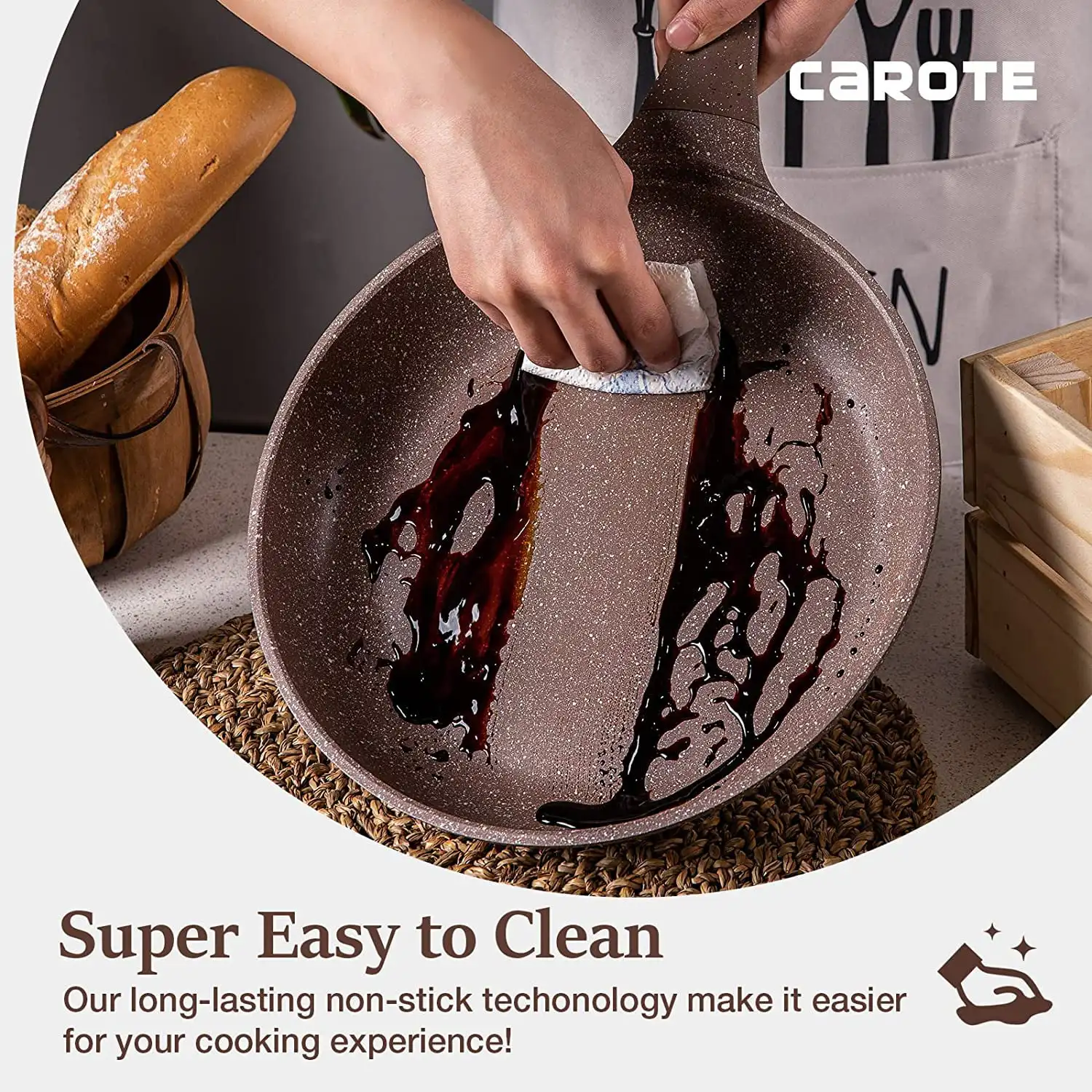 Carote Nonstick Granite Cookware Sets, 10 Pcs Brown Granite Pots and Pans Set, Induction Stone Kitchen Cooking Set, Size: 9.5/11 inch Frying Pan 3.7