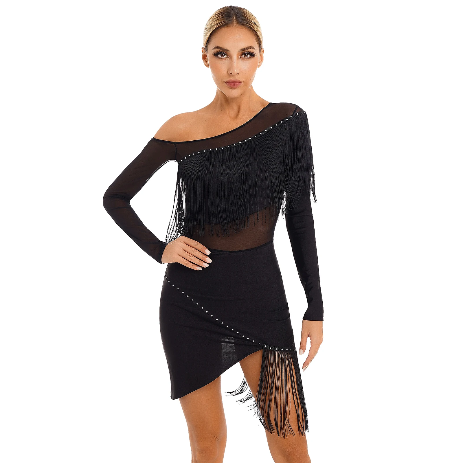 

Womens Latin Dance Dress Oblique Shoulder Long Sleeve Split Fringed Dresses Ballroom Jazz Tango ChaCha Rumba Samba Dancewear