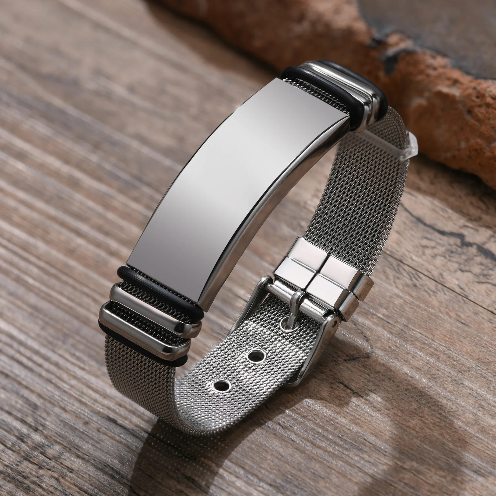 Vnox Free Customize Bracelets for Men 16mm Stainless Steel Bangle with Adjustable Mesh Watch Band Casual Cool Boy Wristband stainless steel bracelet fashion bracelet