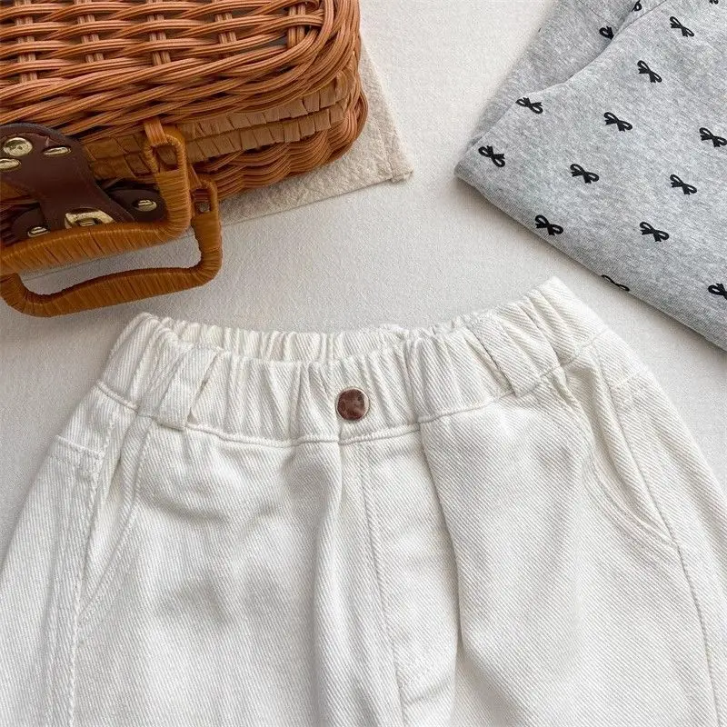 새로운 봄, 가을용 순백색 청바지, 남아 여아용, 한국식 와이드 팬츠, 패셔너블한 루즈핏 캐주얼 스트레이트 팬츠