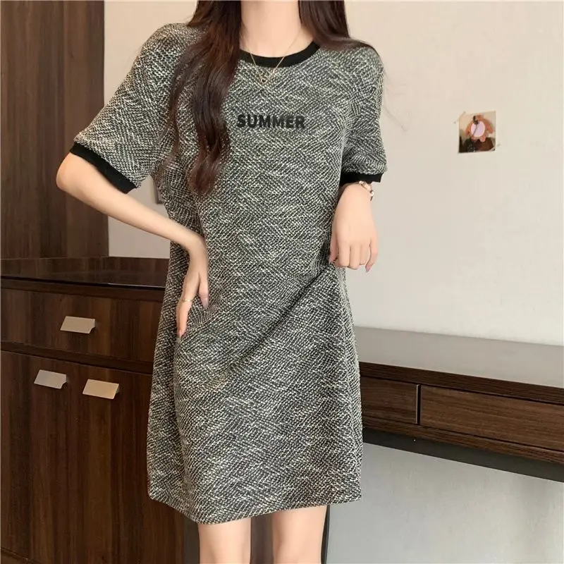 

Fashion O-Neck All-match Printed Letter Casual Dresses Female Clothing 2024 Summer New Loose Korean Short Sleeve Mini Dress